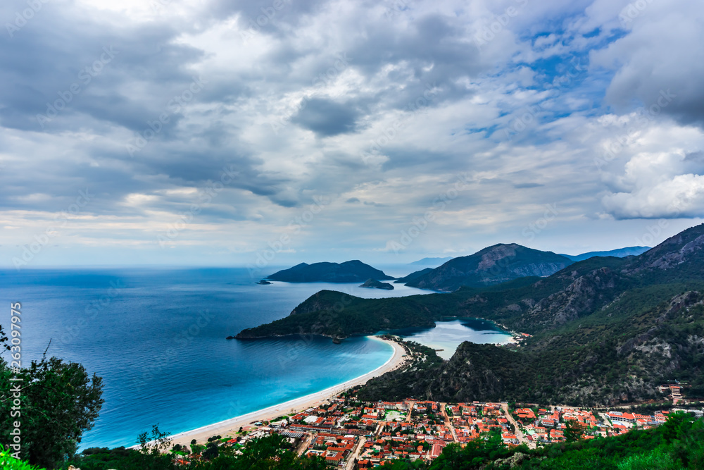 Aerial view of Oludeniz beach, Fethiye district, Turkey. Turquoise Coast of southwestern Turkey. Blue Lagoon on Lycian Way. Travel Destination. Summer and holiday concept