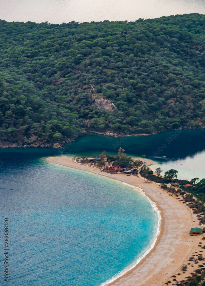 Aerial view of Oludeniz beach, Fethiye district, Turkey. Turquoise Coast of southwestern Turkey. Blue Lagoon on Lycian Way. Travel Destination. Summer and holiday concept