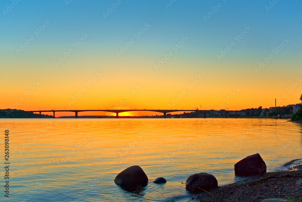 Volga river at sunset in the city of Kostroma in the summer.
