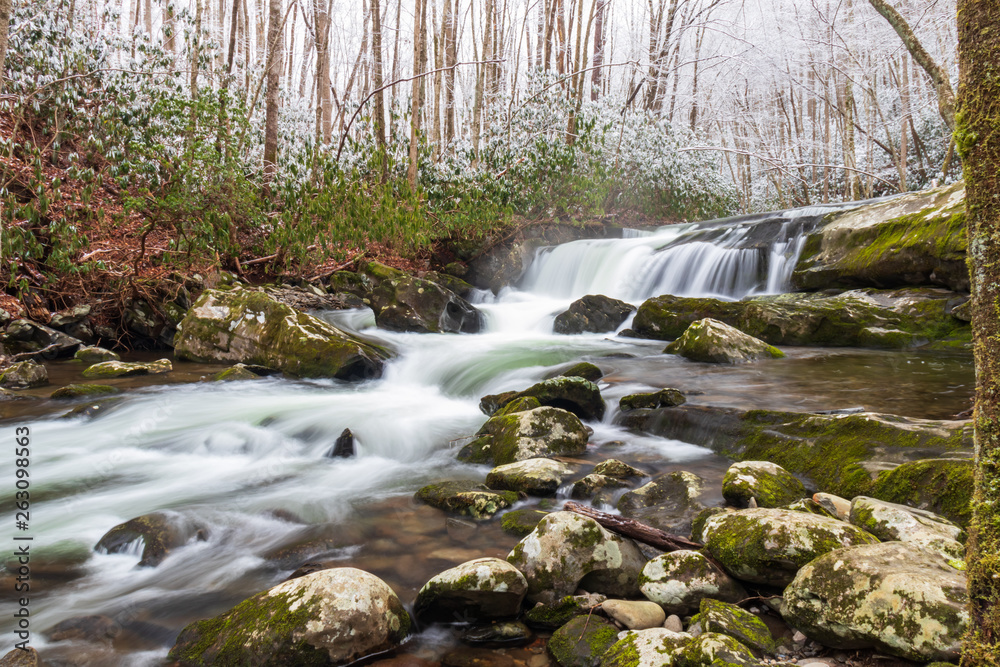 Winter scenery of cascading mountain stream in Great Smoky Mountains National Park