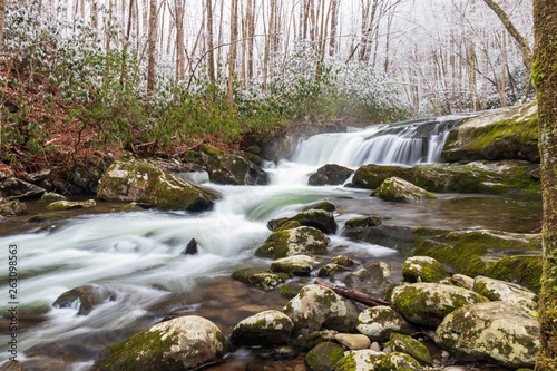 Winter scenery of cascading mountain stream in Great Smoky Mountains National Park