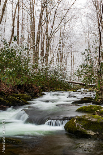 Winter scenery of mountain stream in Great Smoky Mountains National Park