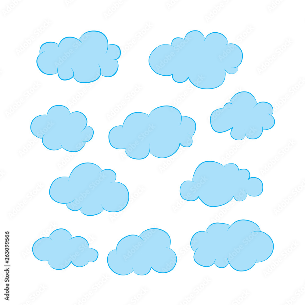 Clouds. Different cartoon style clouds illustrations set isolated on white background. 