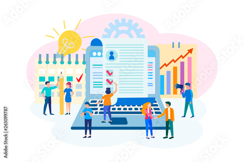 The concept of filling the summary online, characters are preparing a summary, employees are looking for a suitable candidate