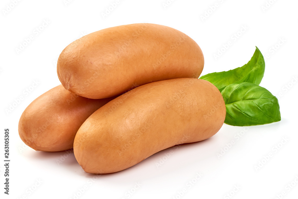 Tasty boiled sausages with basil, close-up, isolated on white background Tasty boiled sausages with basil, close-up, isolated on white background