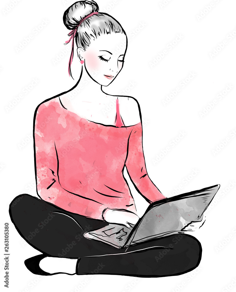 digital illustration of a girl sitting cross legged on the floor and working on a laptop digital illustration of a girl sitting cross legged on the floor and working on a laptop