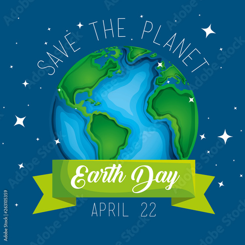 earth day celebration and planet with ribbon