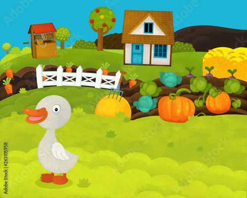cartoon happy and funny farm scene with happy goose - illustration for children