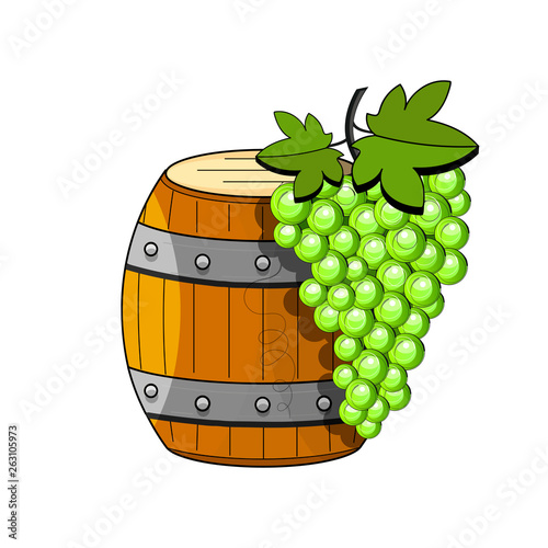 Sketch illustration on white background. Vector illustration. Isolated object. Vector wooden barrel with wine. Sketch of grapes.