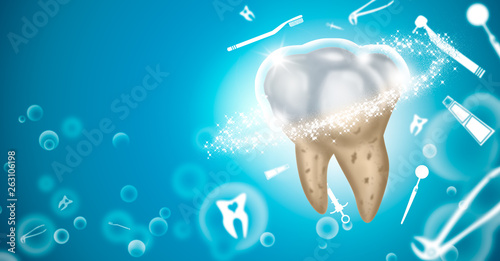 Illustration of a dental piece in the process of cleaning and total protection. Dental health concept. Space to write