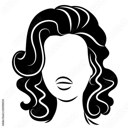 Silhouette of a head of a sweet lady. A girl shows a hairstyle of a woman on medium and long hair. Suitable for logo  advertising. Vector illustration.