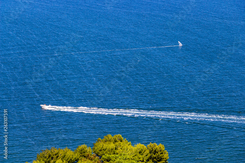 Adriatic Sea water surface elevated view from Sirolo, Province of Ancona, Marche, Italy with boats