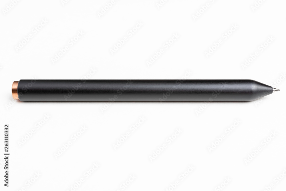 A close-up studio product shot of a modern matte finish black barrel clicker ballpoint pen set on a plain white background. A close-up studio product shot of a modern matte finish black barrel clicker ballpoint pen set on a plain white background.