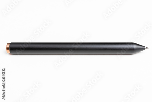 A close-up studio product shot of a modern matte finish black barrel clicker ballpoint pen set on a plain white background.