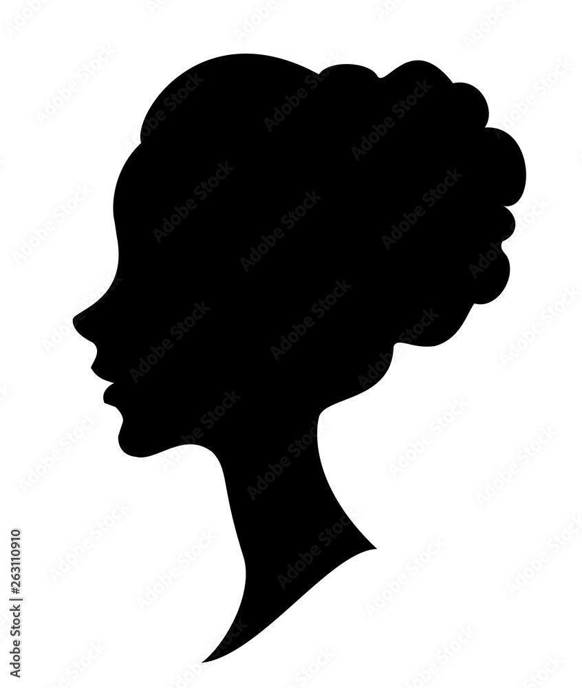 Silhouette of the head of a sweet lady. The girl shows a female hairstyle bundle on long and medium hair. Suitable for advertising, logo. Vector illustration.