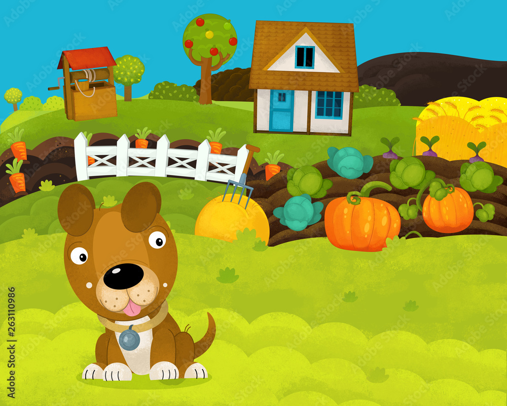 Obraz premium cartoon happy and funny farm scene with happy dog - illustration for children