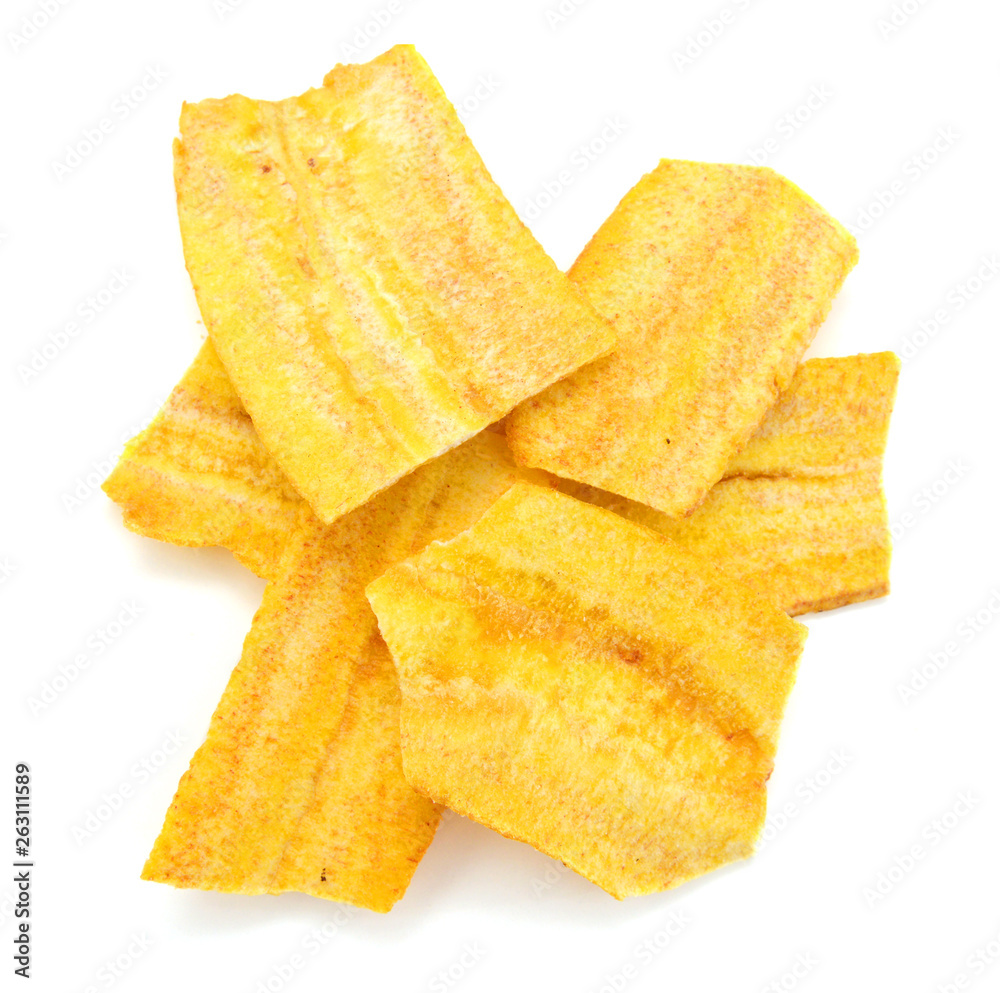 Banana chips on white background Banana chips on white background
