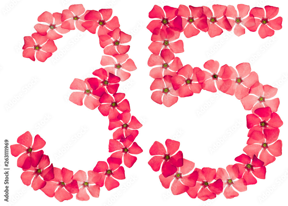 Numeral 35, thirty five, from natural red flowers of periwinkle, isolated on white background
