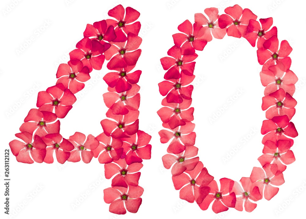 Numeral 40, forty, from natural red flowers of periwinkle, isolated on white background