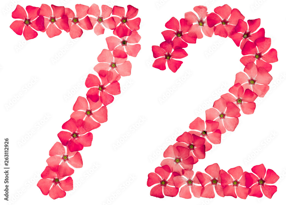 Numeral 72, seventy two, from natural red flowers of periwinkle, isolated on white background