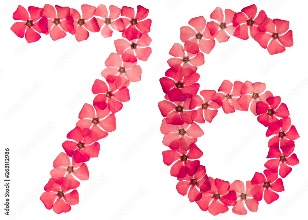 Numeral 76, seventy six, from natural red flowers of periwinkle, isolated on white background Numeral 76, seventy six, from natural red flowers of periwinkle, isolated on white background