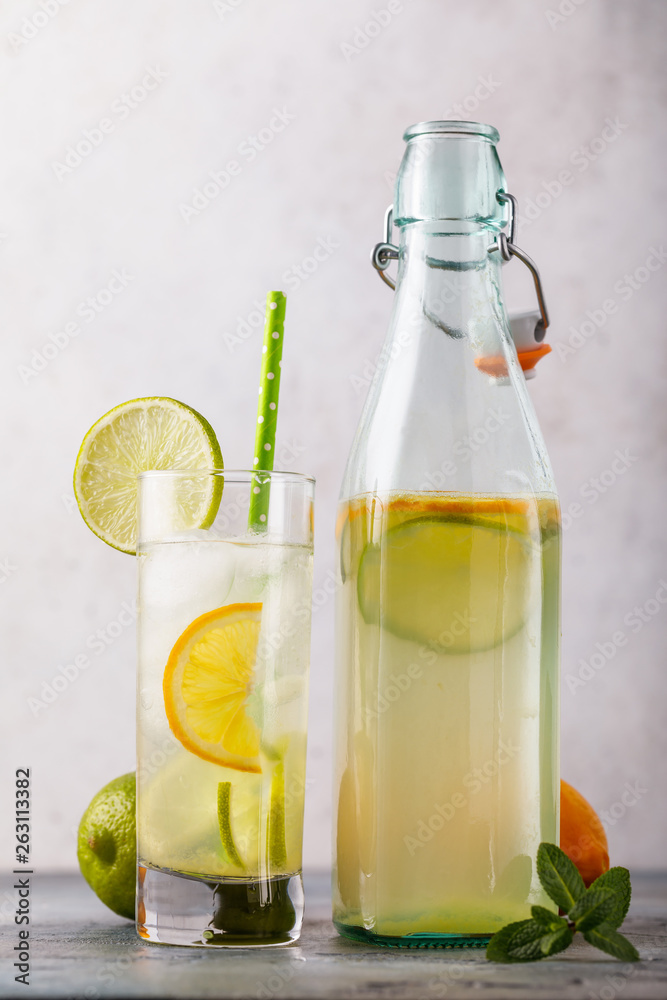 Tonic drink with lemon and lime in a transparent glass with an open bottle on the table, close-up Tonic drink with lemon and lime in a transparent glass with an open bottle on the table, close-up