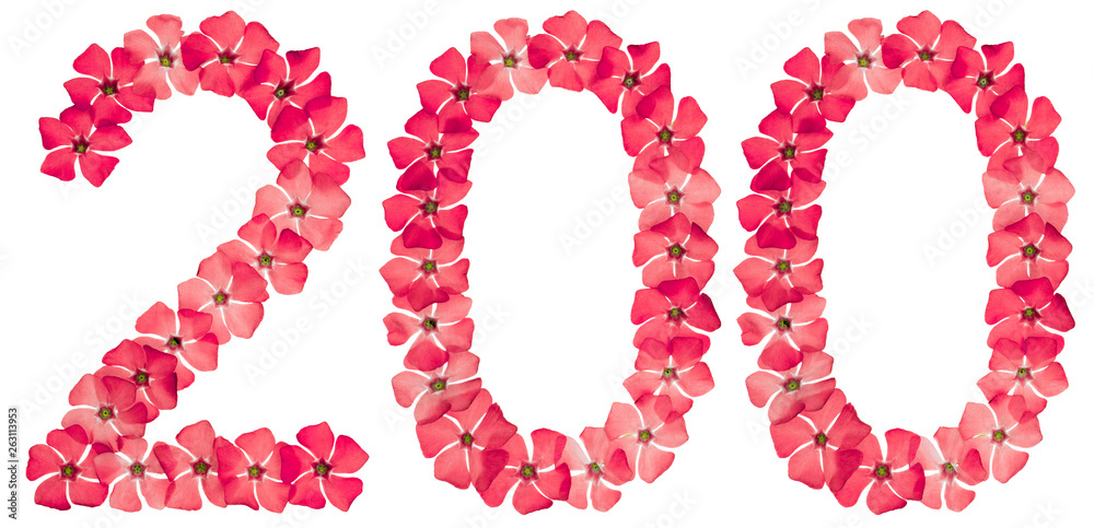 Numeral 200, two hundred, from natural red flowers of periwinkle, isolated on white background Numeral 200, two hundred, from natural red flowers of periwinkle, isolated on white background