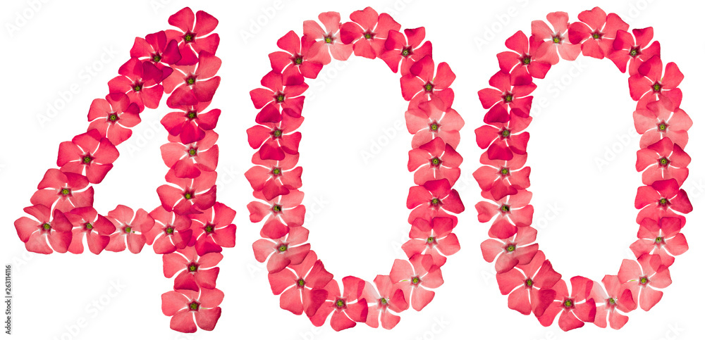 Numeral 400, four hundred, from natural red flowers of periwinkle, isolated on white background