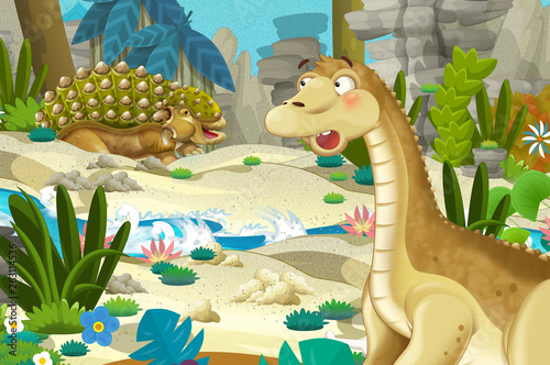 cartoon scene with dinosaur apatosaurus diplodocus with some other dinosaur in the jungle - illustration for children © honeyflavour