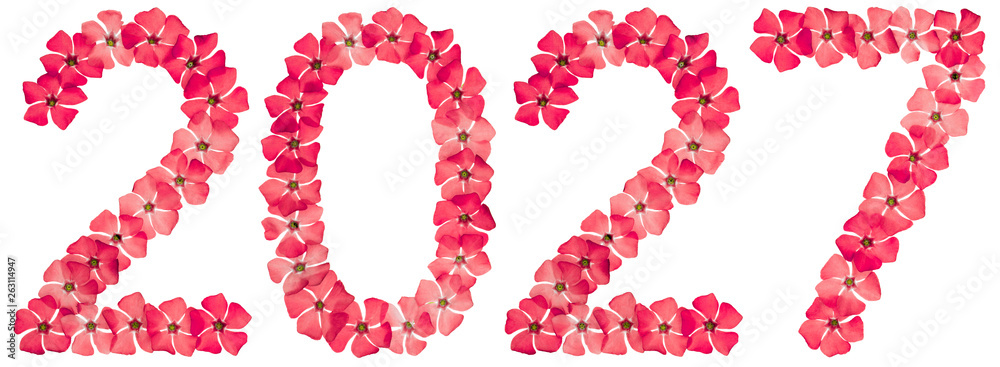 Inscription 2027, from natural red flowers of periwinkle, isolated on white background
