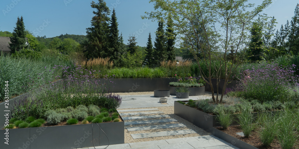 Moderne Gartengestaltung mit Gräsern und Stauden Stock Photo Adobe Stock