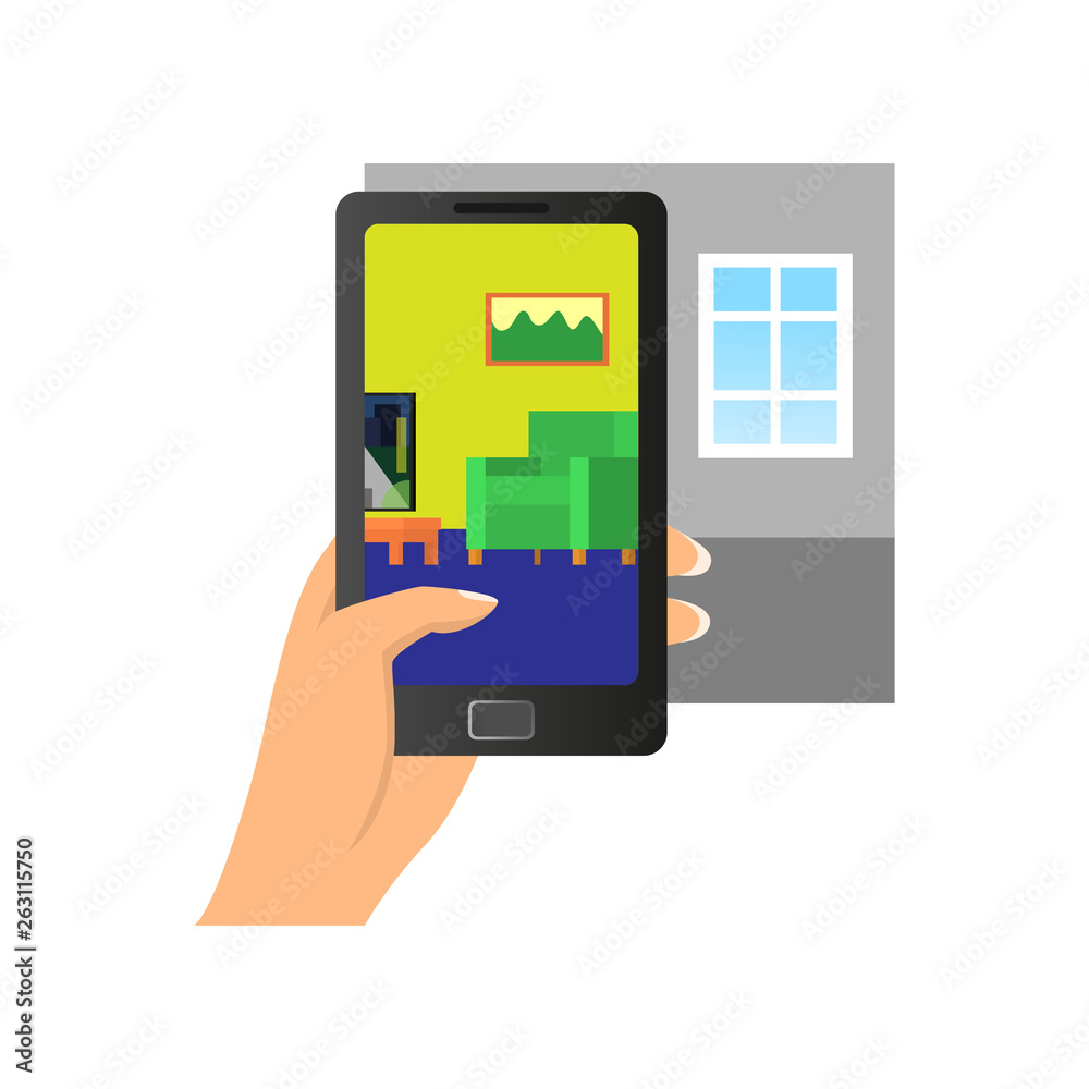 Smartphone augmented reality shows room interior design Smartphone augmented reality shows room interior design
