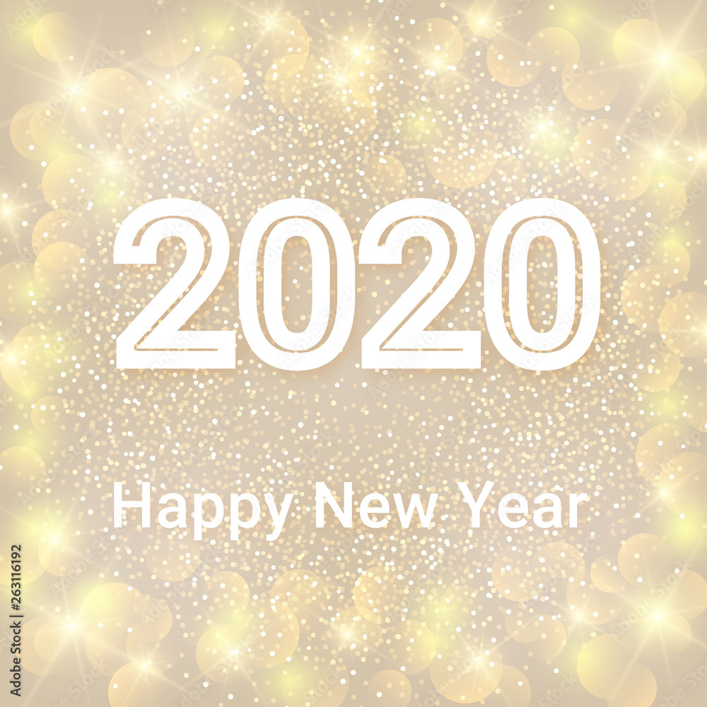 Happy New Year on winter holiday background. Text 2020 with bokeh and lens flare pattern. Vector illustration