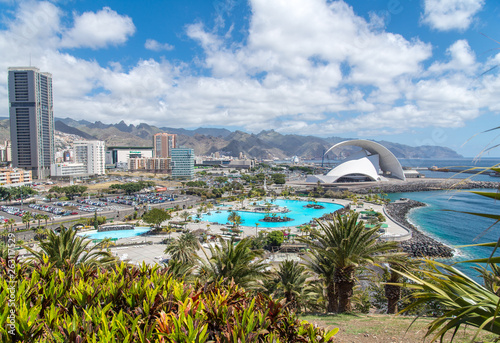 view over santa cruz de tenerife port area with auditorium and pool photo