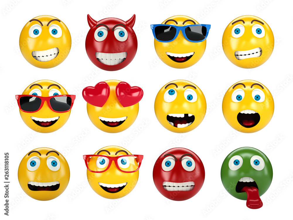 Set of realistic emoji, 3d illustration icons. Education, mood, emotions, hell, emoticons. Isolated on white background Set of realistic emoji, 3d illustration icons. Education, mood, emotions, hell, emoticons. Isolated on white background