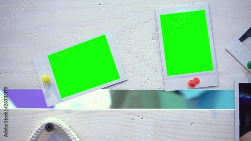 The photo. Photo frame with green background. Hromakey. Green screen. Photos attached to wooden boards. Memory. Story. Family photos. A party