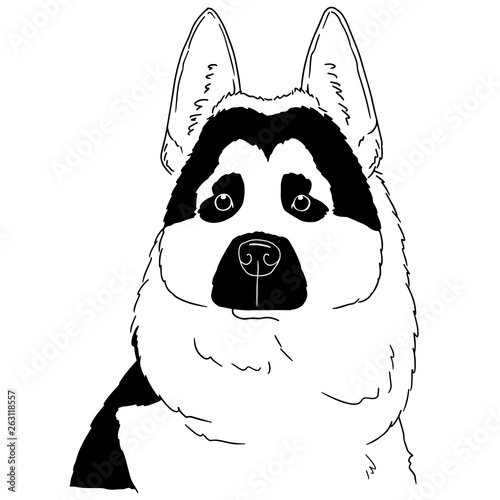 Black and white dog illustration isolated on white background. Vector hand drawn logo of German Shepherd. Animal portrait by free hand.