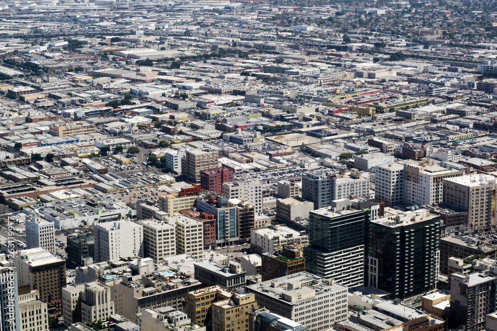 Drone shot of buildings in downtown Los Angles
