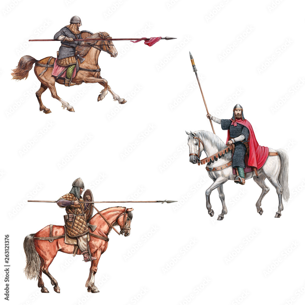 Medieval mounted knights illustration. Knight on horseback. Set of 3