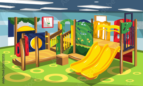 Clean Playground with Kids Slide and Swing Set Toys, Climbers and Rabbit Picture for Vector Interior Design Ideas
