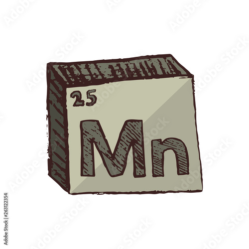 Vector three-dimensional hand drawn chemical gray-green symbol of manganese with an abbreviation Mn from the periodic table of the elements isolated on a white background.