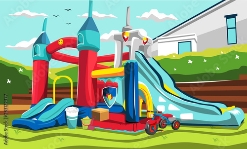 Clean Inflatable Playground Ballons for Kids with Slides, Tricycle, Bucket of Sand Toys for Vector Outdoor Design Ideas