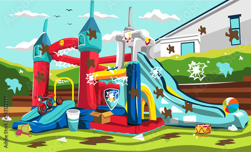 Dirty Inflatable Playground Ballons for Kids with Slides, Tricycle, Bucket of Sand Toys for Vector Outdoor Design Ideas