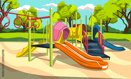 Outdoor Playground Fun for Kids at Park with Slides, Ball and Dice for Vector Outdoor Design Ideas