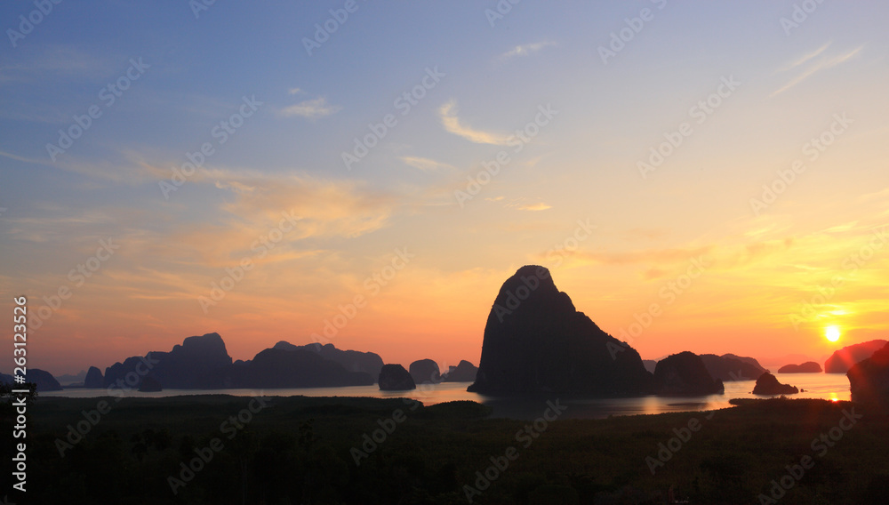  Unseen view point of Samed Nang Chee Bay, twilight sky in the morning, Ao Phang Nga National Park, Thailand,