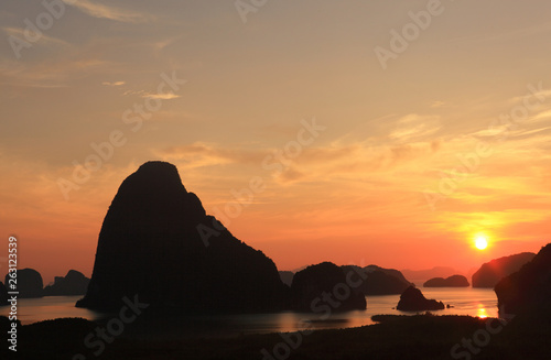  Unseen view point of Samed Nang Chee Bay, twilight sky in the morning, Ao Phang Nga National Park, Thailand,