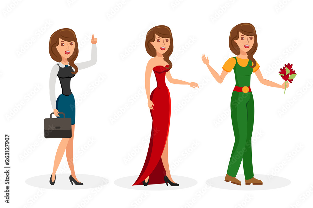 Fototapeta premium Girls Cartoon Vector Isolated Color Characters Set