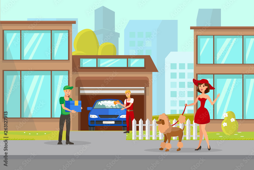 Pet Owner and Delivery Boy Vector Illustration