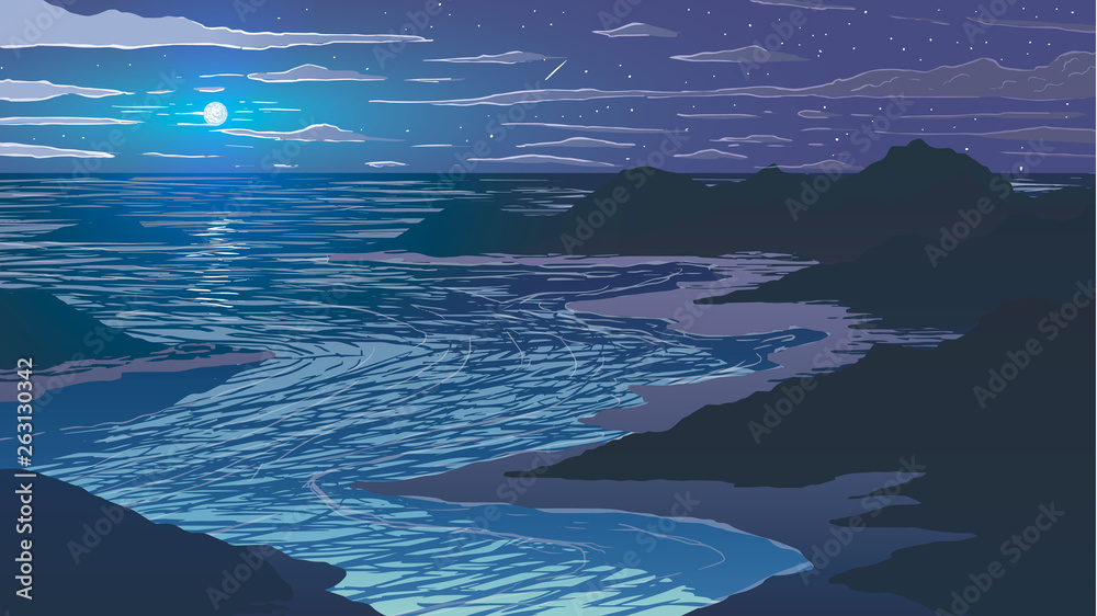 Vector illustration. Aerial view of bay and islands in ocean at night.