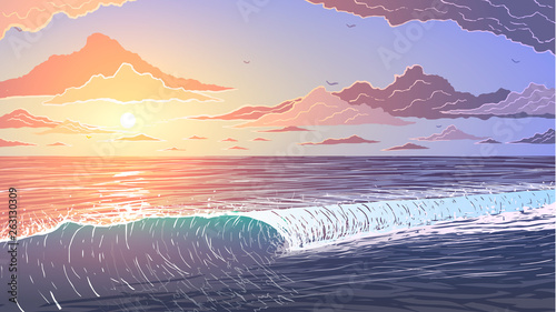 vector illustration of sunset in ocean shore 